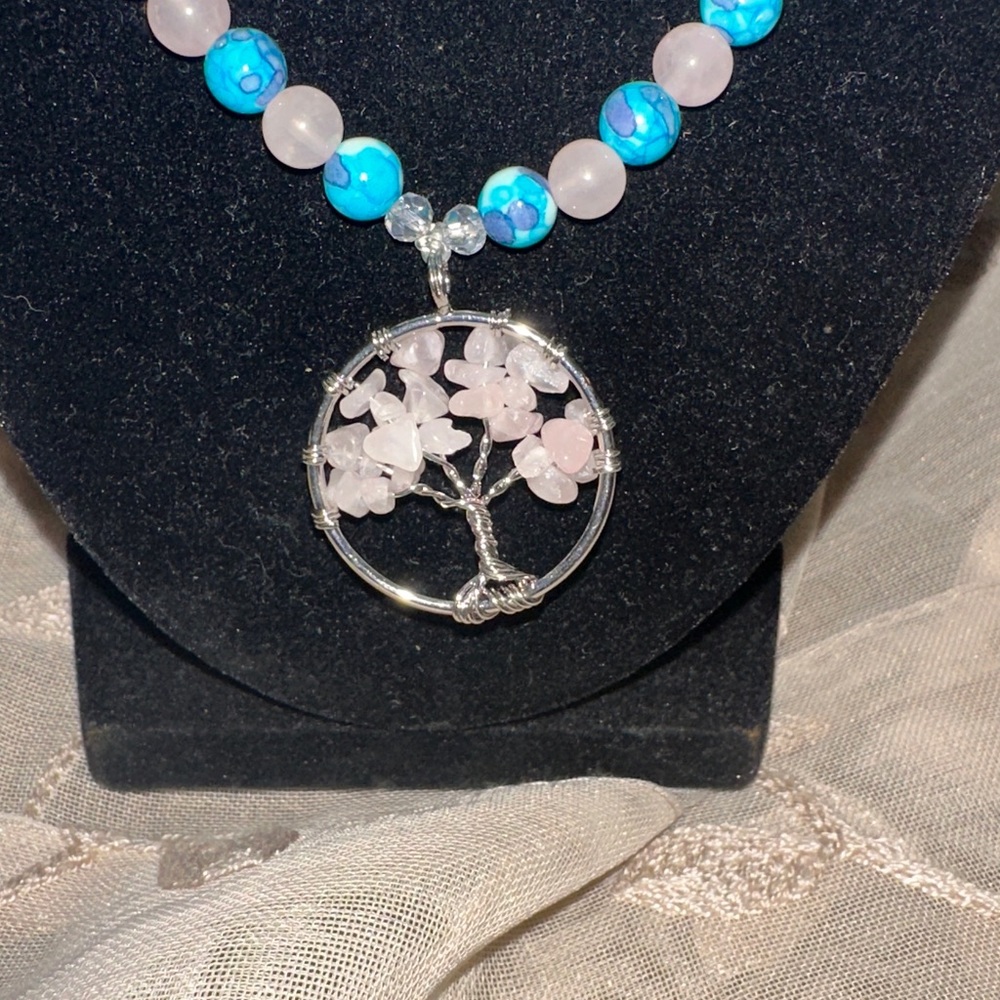 Candy Tree Necklace (Purple/ Blue Rain Flower Jade And Rose Quartz) - Picture 10 of 12